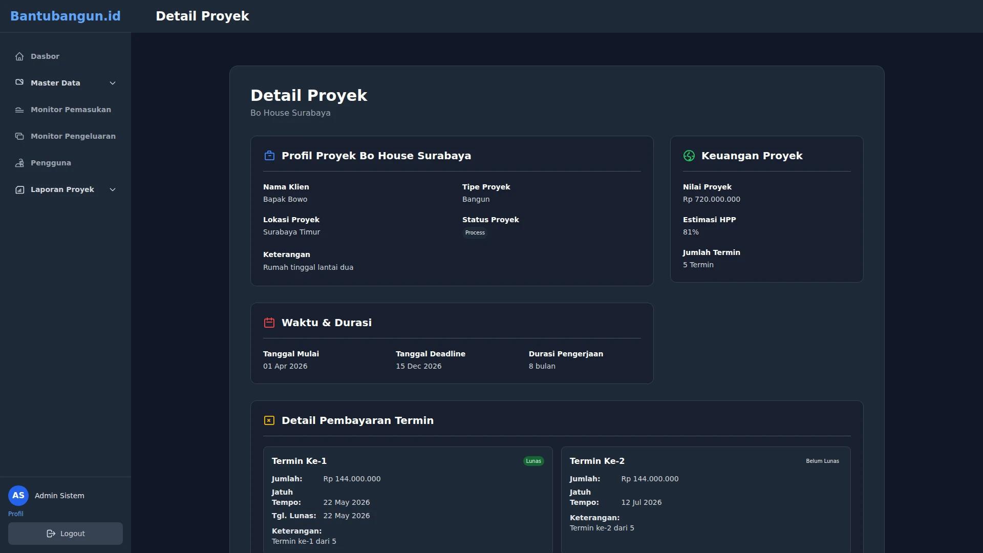 Project detail with termin schedule, addendums and attachments